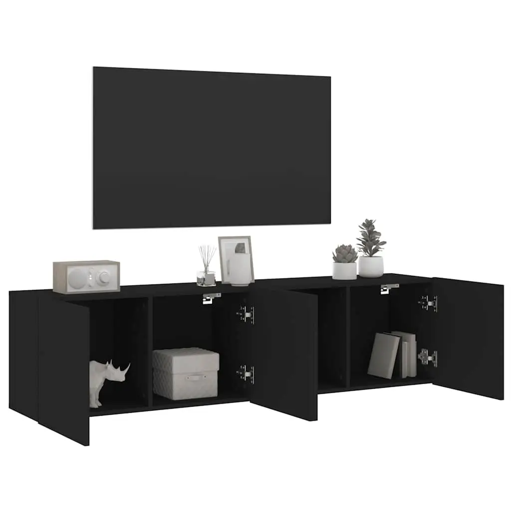 Wall-Mounted TV Cabinet Black 2 Pieces Storage Organiser Media Shelving Unit