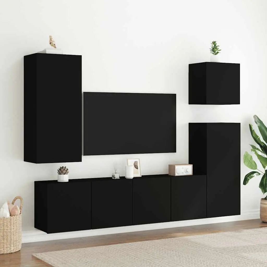 Wall-Mounted TV Cabinet Black 2 Pieces Storage Organiser Media Shelving Unit