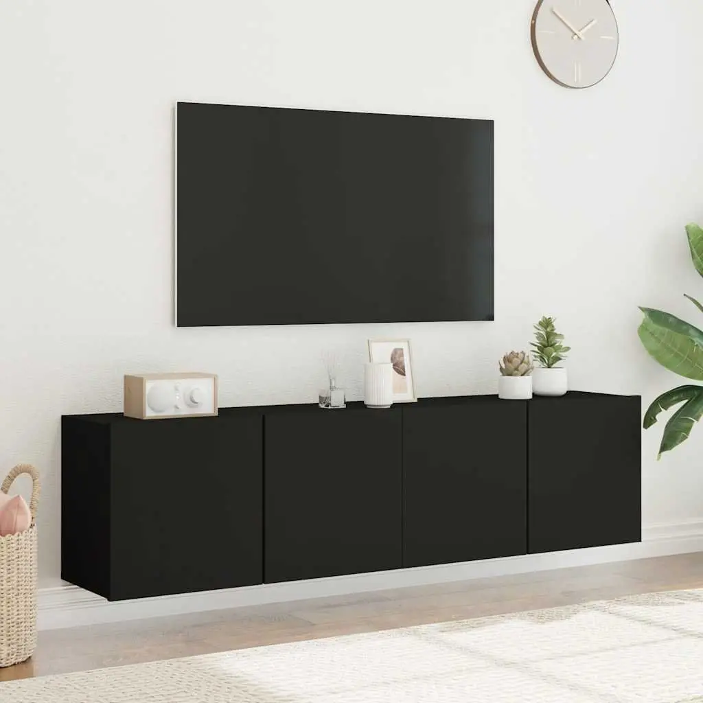 Wall-Mounted TV Cabinet Black 2 Pieces Storage Organiser Media Shelving Unit