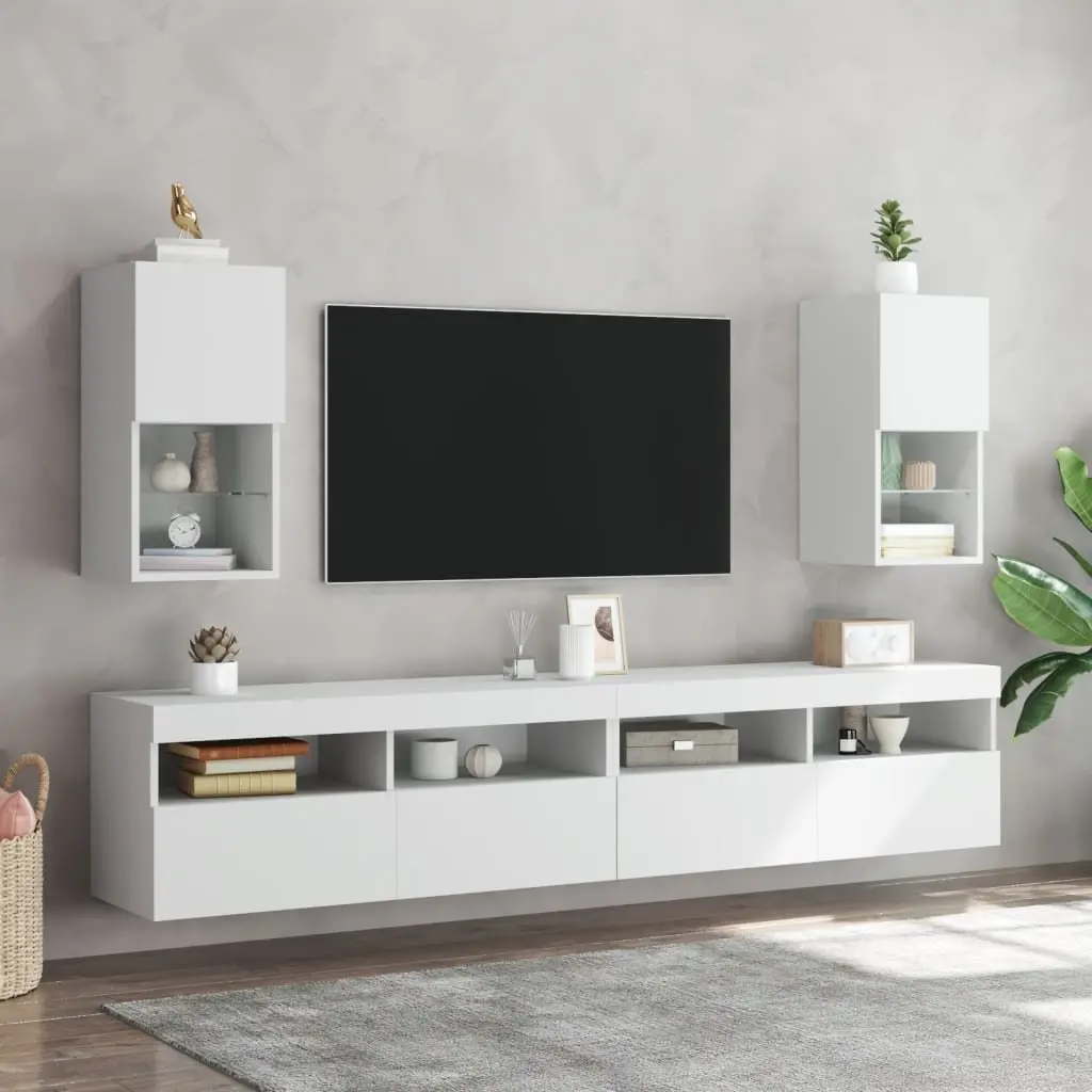 TV Cabinets with RGB LED Lights Wall-Mounted Media Storage Units Set of 2 White