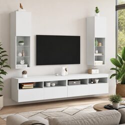 TV Cabinet with RGB LED Lights Wall-Mounted Storage Unit White 30.5x30x102cm