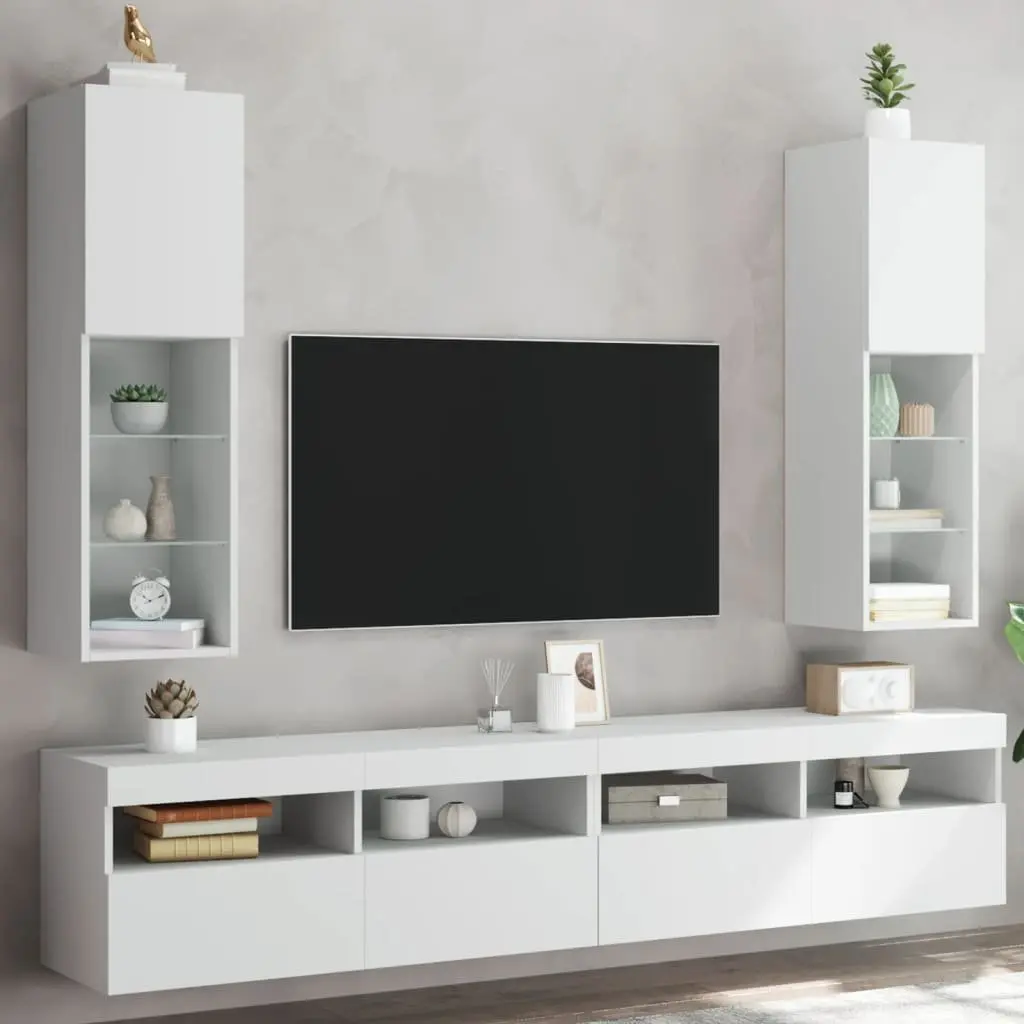 Wall-Mounted White TV Cabinet with RGB LED Lights 30.5x30x102cm 2 Piece