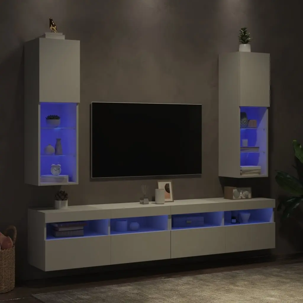 Wall-Mounted White TV Cabinet with RGB LED Lights 30.5x30x102cm 2 Piece