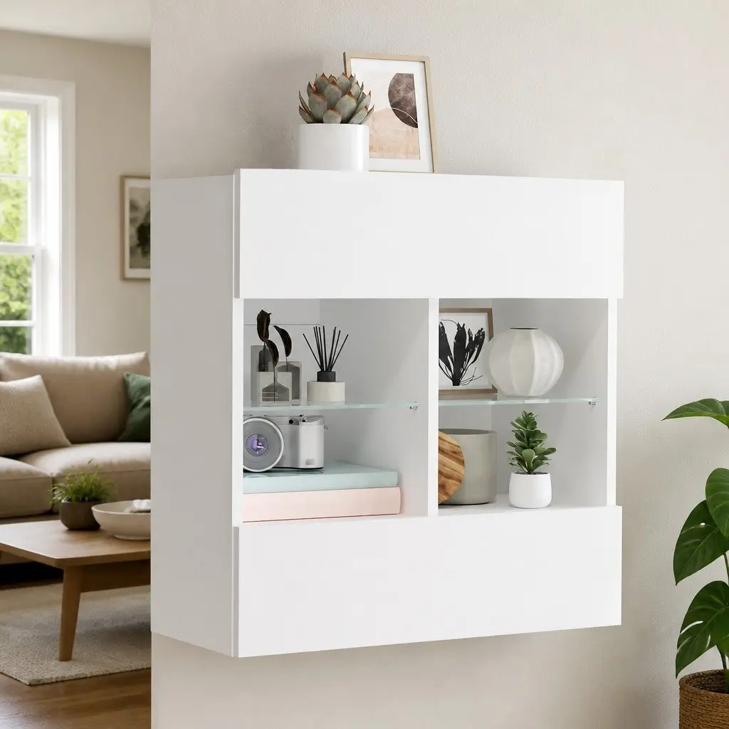 White TV Wall Cabinet Floating Shelves RGB LED Lights 58.5 x 30 x 60.5 cm