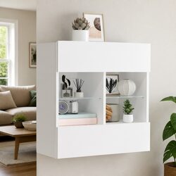 White TV Wall Cabinet Floating Shelves RGB LED Lights Media Unit Storage