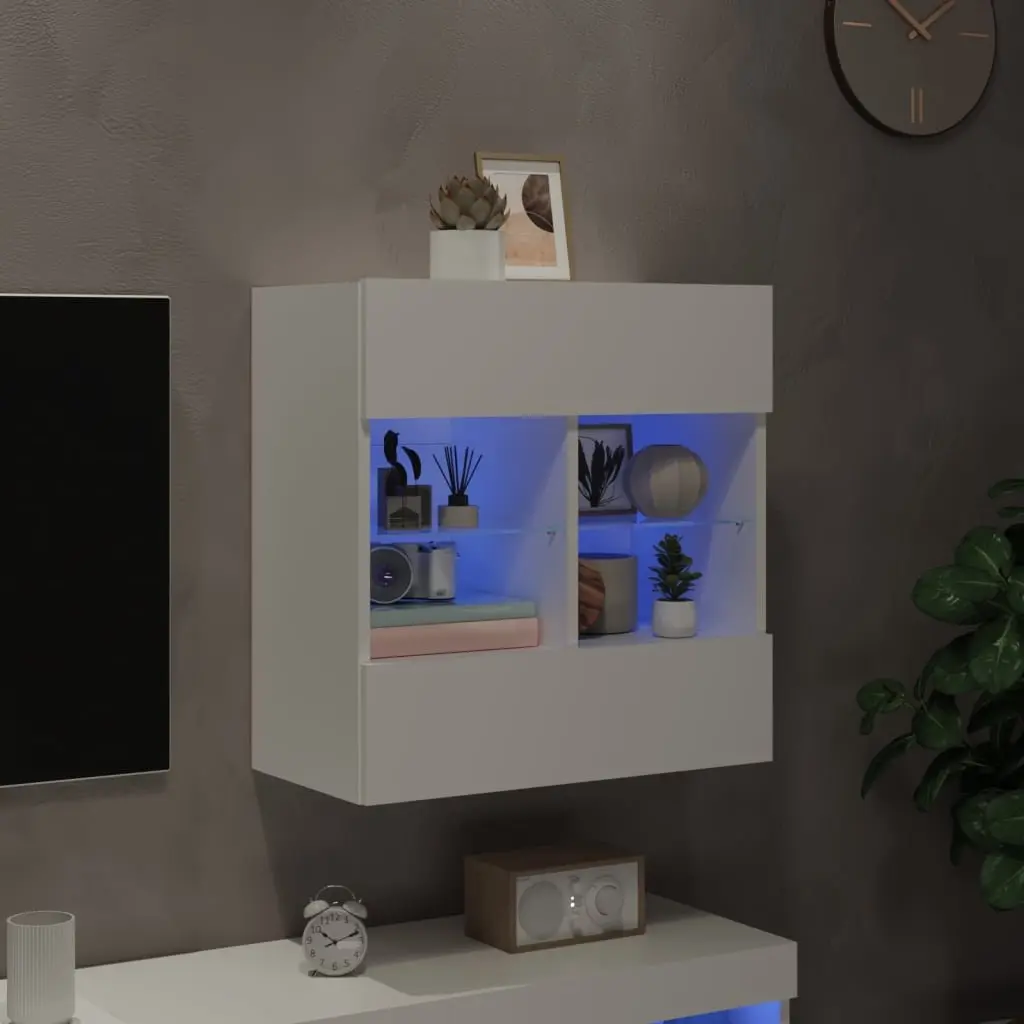 White TV Wall Cabinet Floating Shelves RGB LED Lights 58.5 x 30 x 60.5 cm
