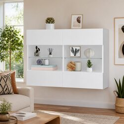 TV Wall Cabinet with RGB LED Lights Media Storage Unit White Floating Shelves