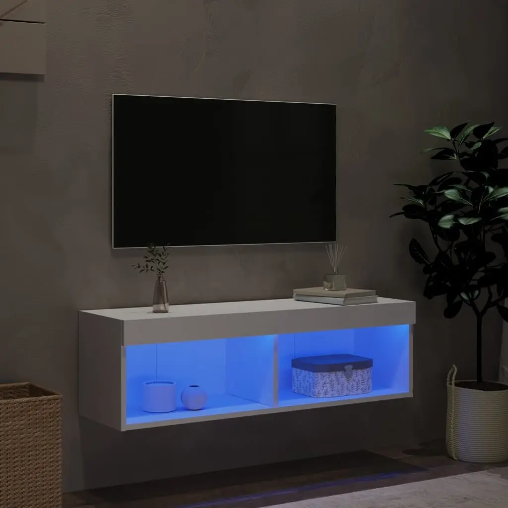 Wall-Mounted Media Storage Unit White with RGB LED Lights 100x30x30cm
