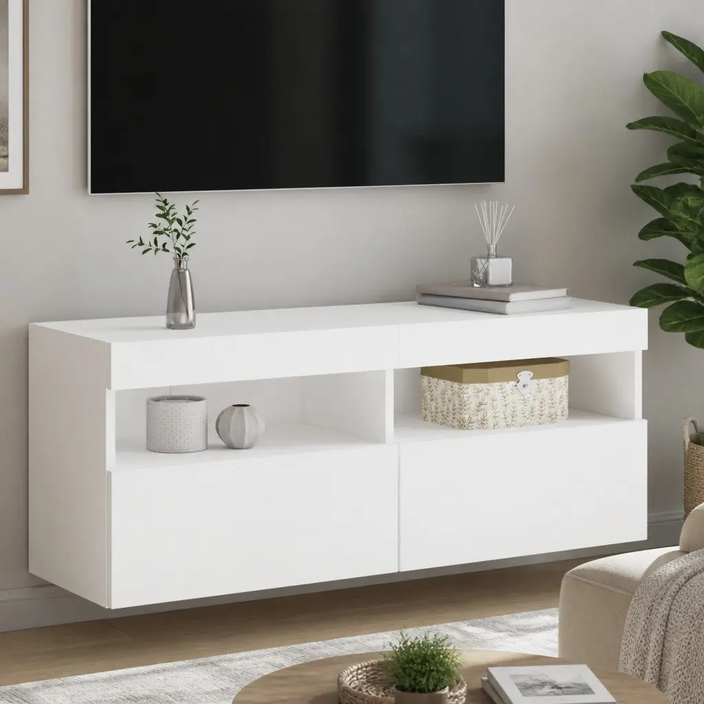 TV Wall Cabinet Floating Media Storage Unit with RGB LED Lights White 100 x 30 x 40 cm