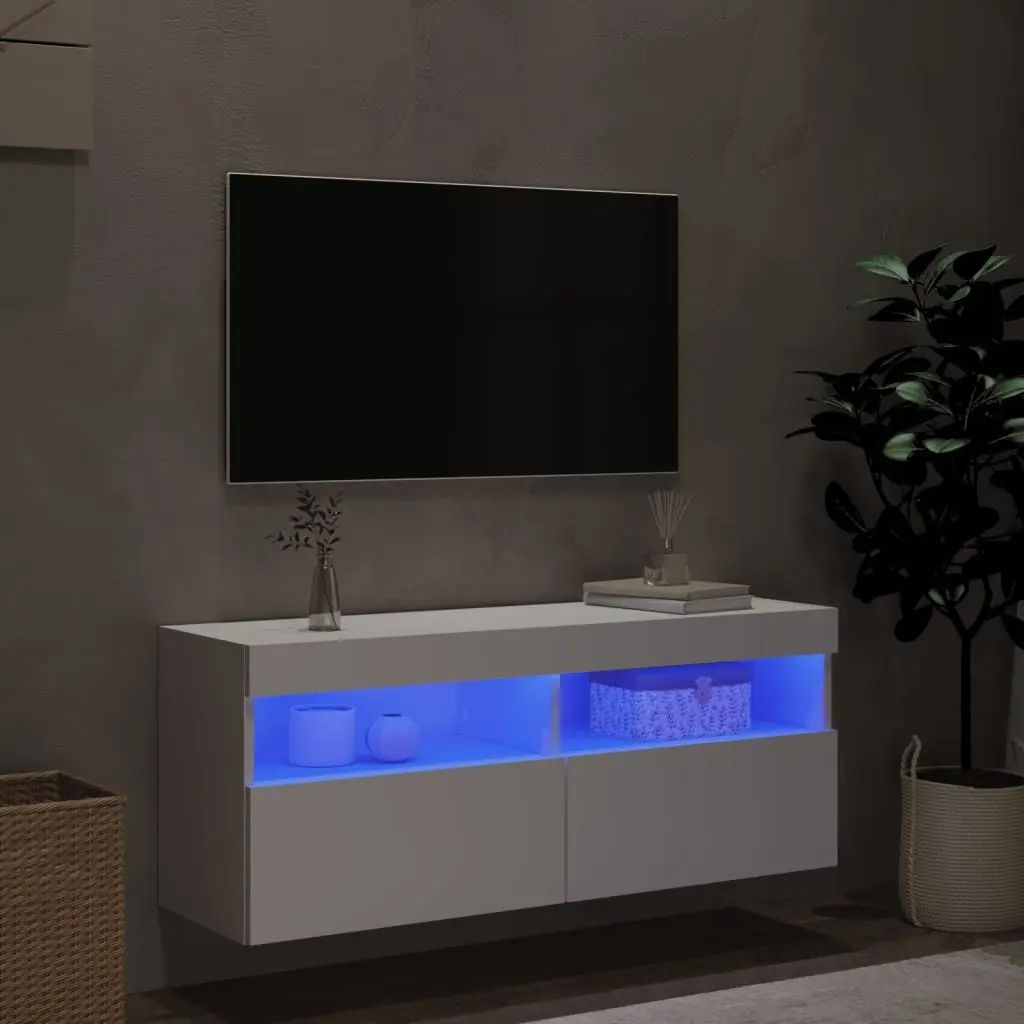 TV Wall Cabinet Floating Media Storage Unit with RGB LED Lights White 100 x 30 x 40 cm