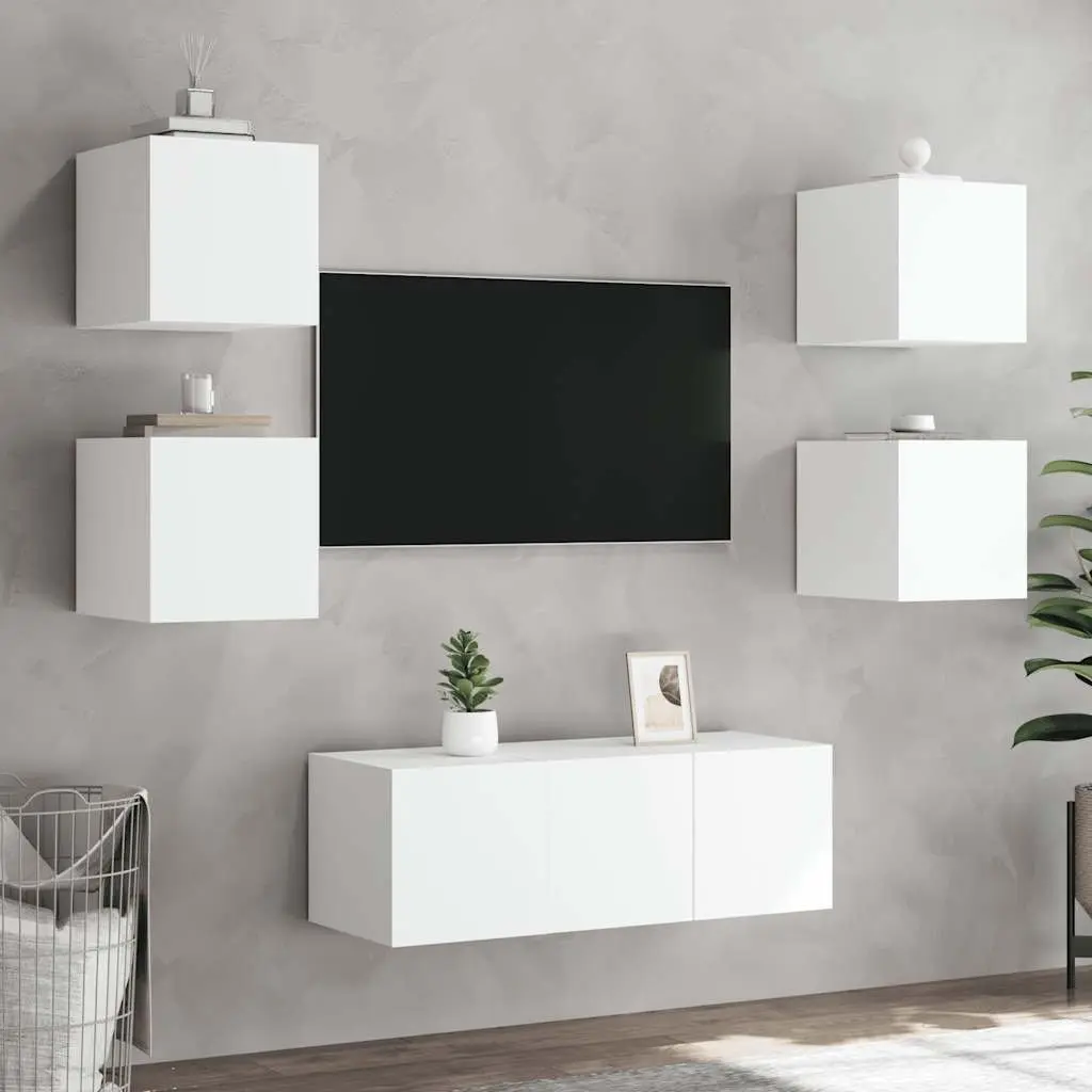 TV Wall Cabinets RGB LED Lights White Floating Media Storage Unit 2 pcs