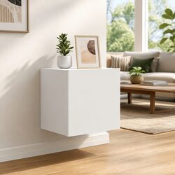 Friendly White Floating Media Cabinets with LED Features