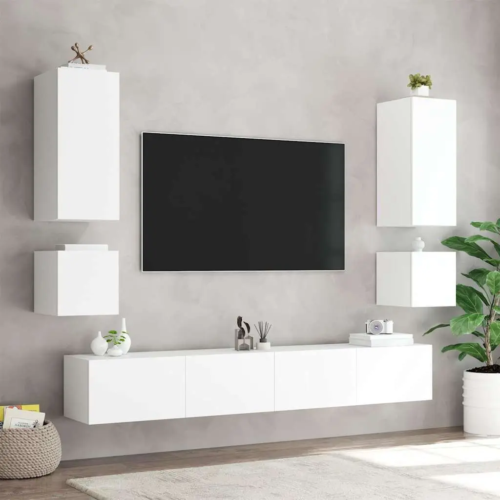 TV Wall Cabinets RGB LED Lights White 2 pcs Floating Media Storage Unit