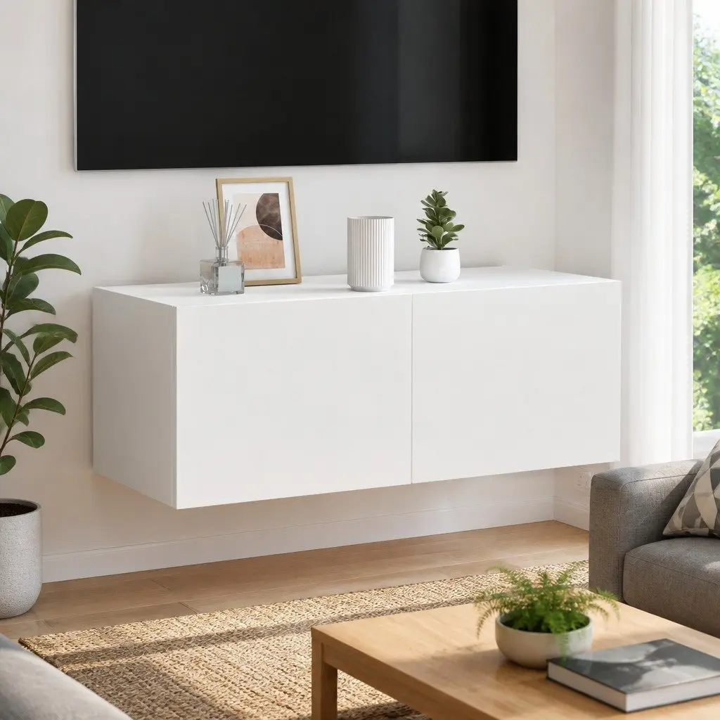 White TV Wall Cabinet with RGB LED Lights Floating Media Unit 80x35x31cm