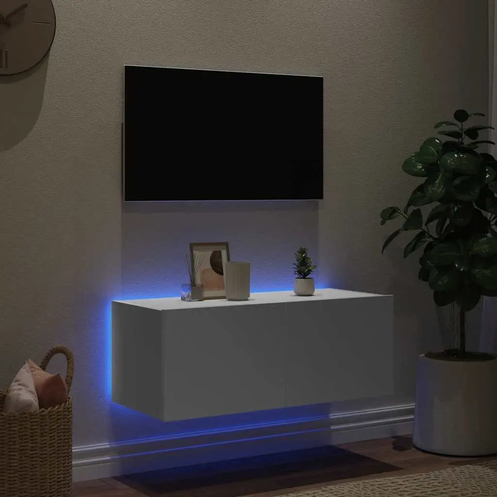 White TV Wall Cabinet with RGB LED Lights Floating Media Unit 80x35x31cm