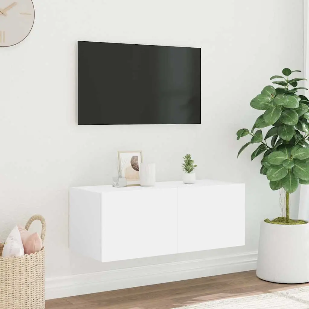 White TV Wall Cabinet with RGB LED Lights Floating Media Unit 80x35x31cm
