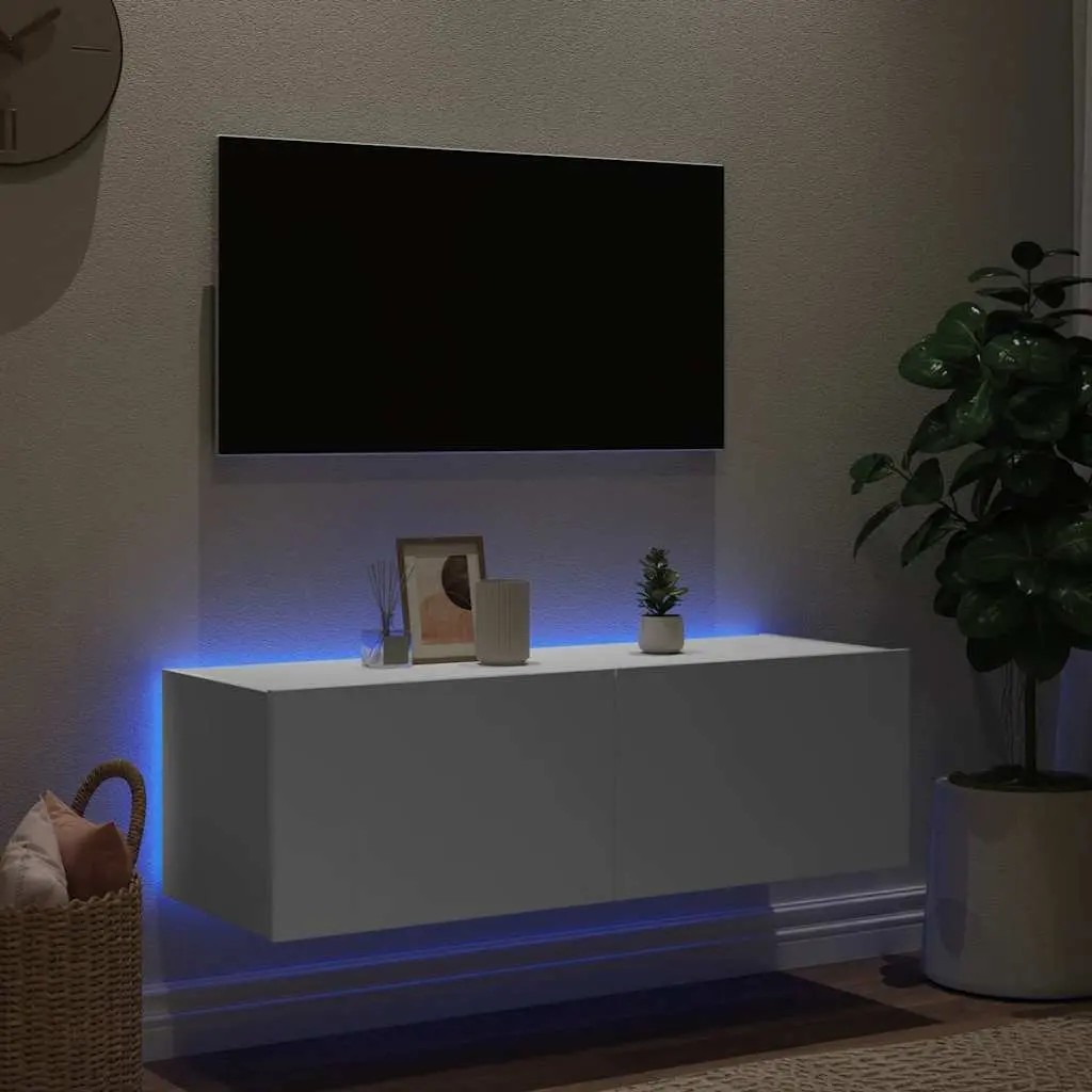 TV Wall Cabinet LED Lights White Wall-Mounted Media Unit 100 x 35 x 31 cm