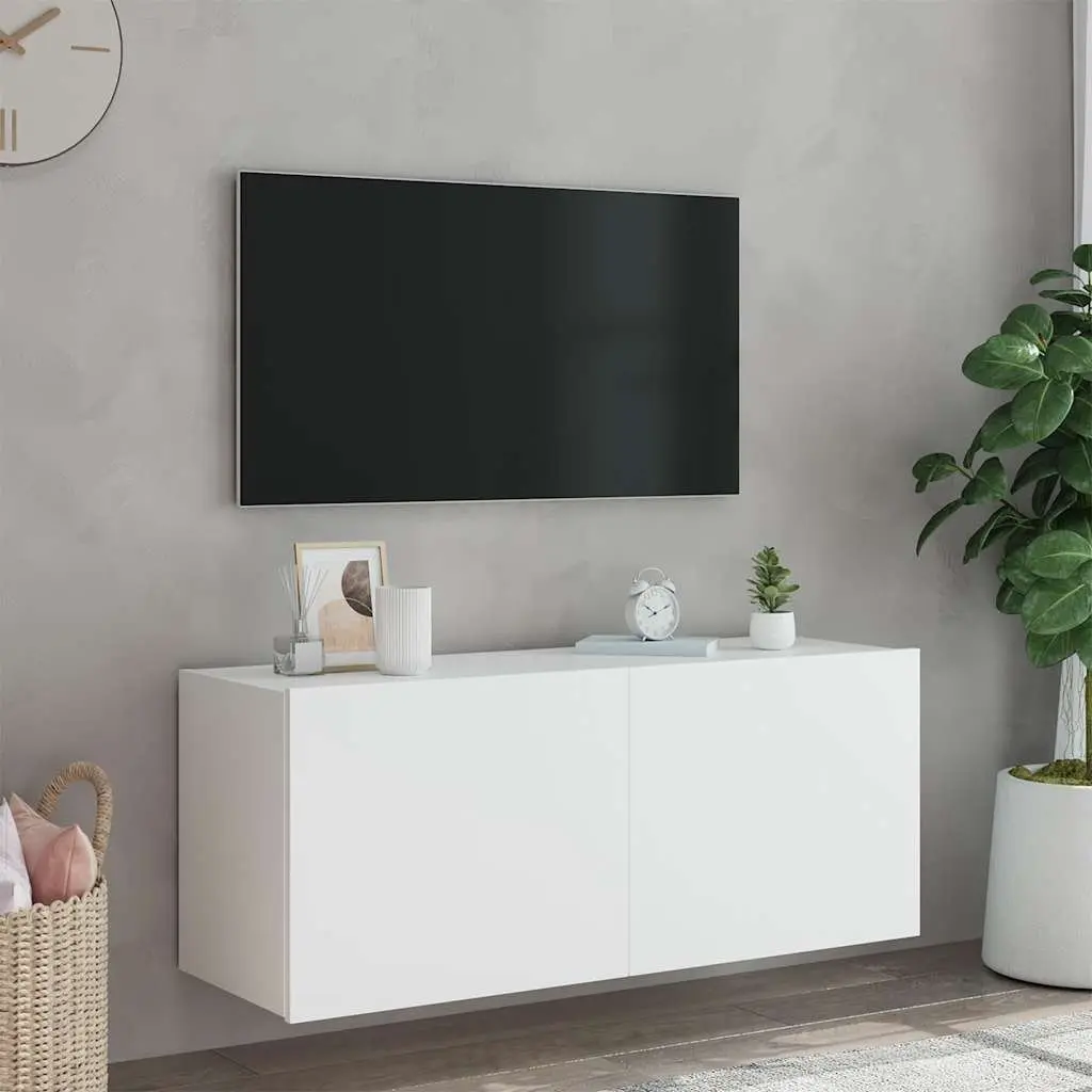 TV Wall Cabinet with RGB LED Lights White Floating Media Unit Storage