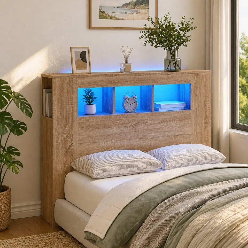 LED Headboard RGB LED Lights 120cm Engineered Wood Modern Storage Display
