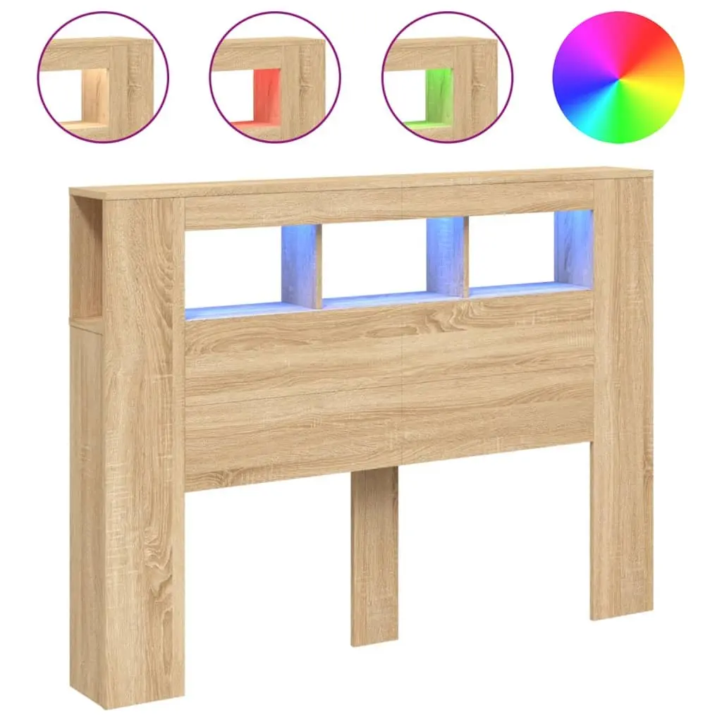 LED Headboard 140 cm Brown Engineered Wood Modern Bedroom Furniture Storage