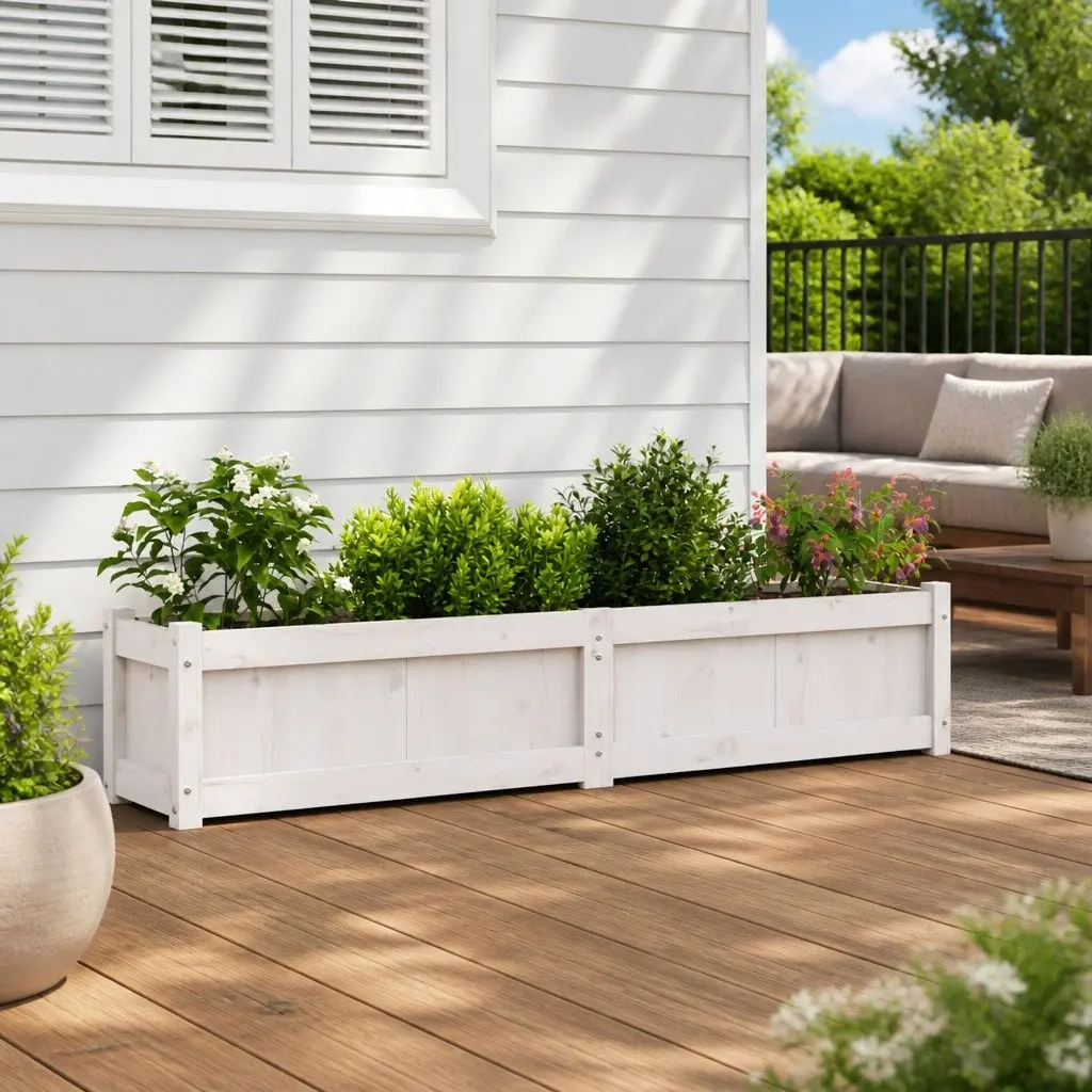 Garden Planter Box White Solid Pine Wood Outdoor 150 x 31 x 31 cm