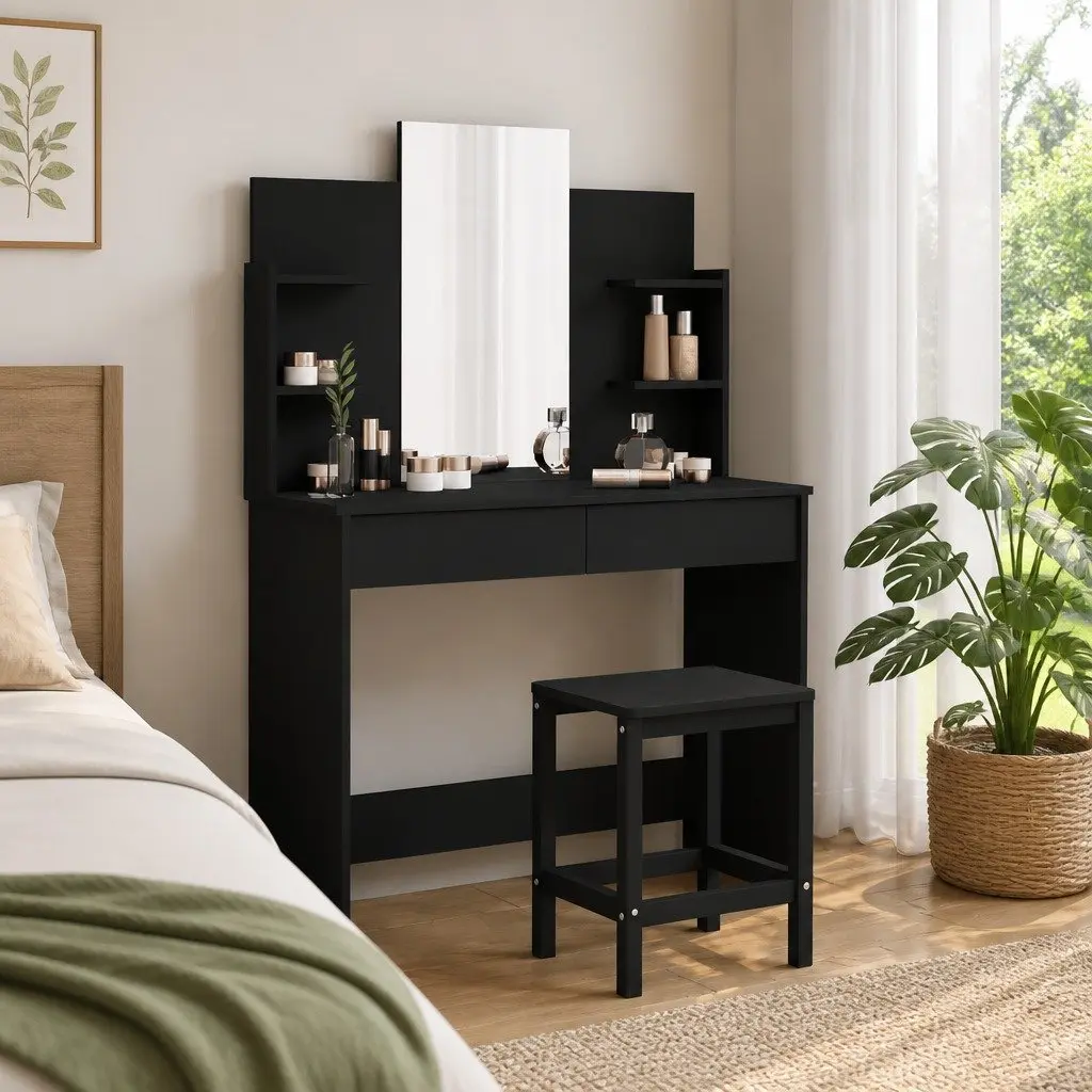 Dressing Table with Mirror Black Engineered Wood 96W x 39D x 142H cm