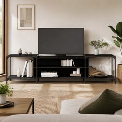 TV Cabinet Black Media Console Engineered Wood Shelves Storage Unit 203x37x50cm