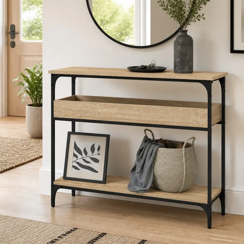Console Table with Shelf Engineered Wood Brown 100cm W x 29cm D x 75cm H