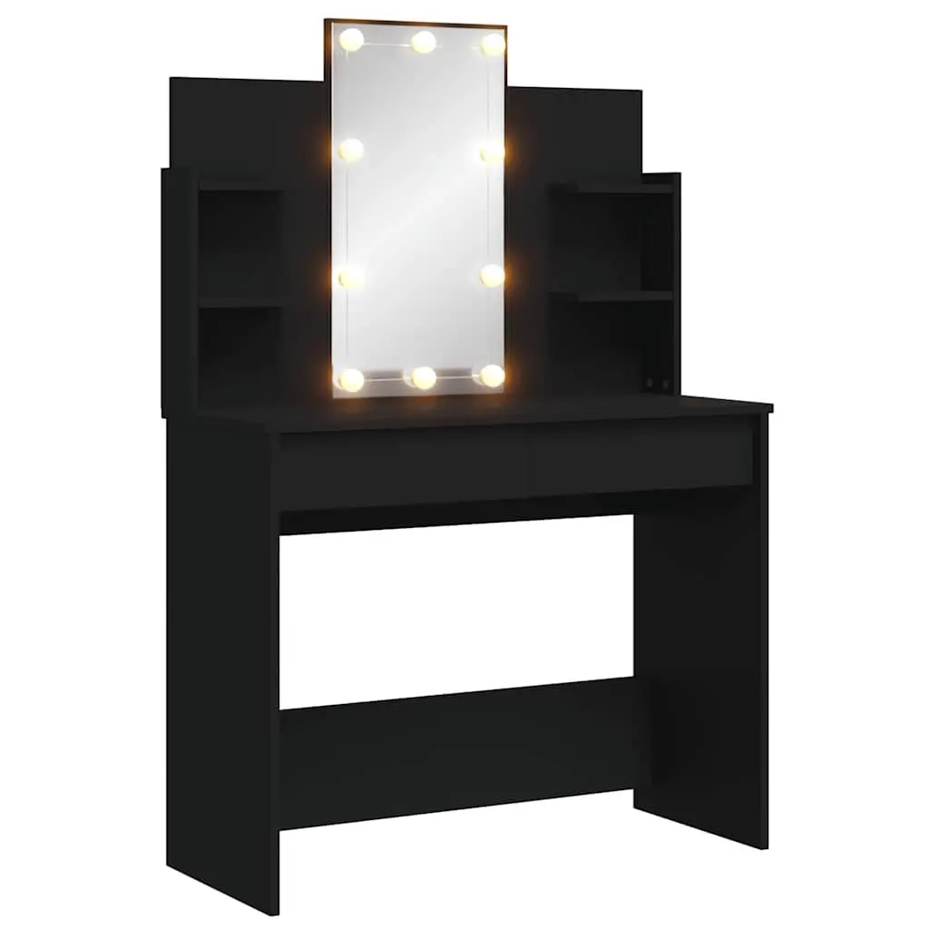 Black Dressing Table with Adjustable LED Lighting and Utility Mirror 2 Drawers