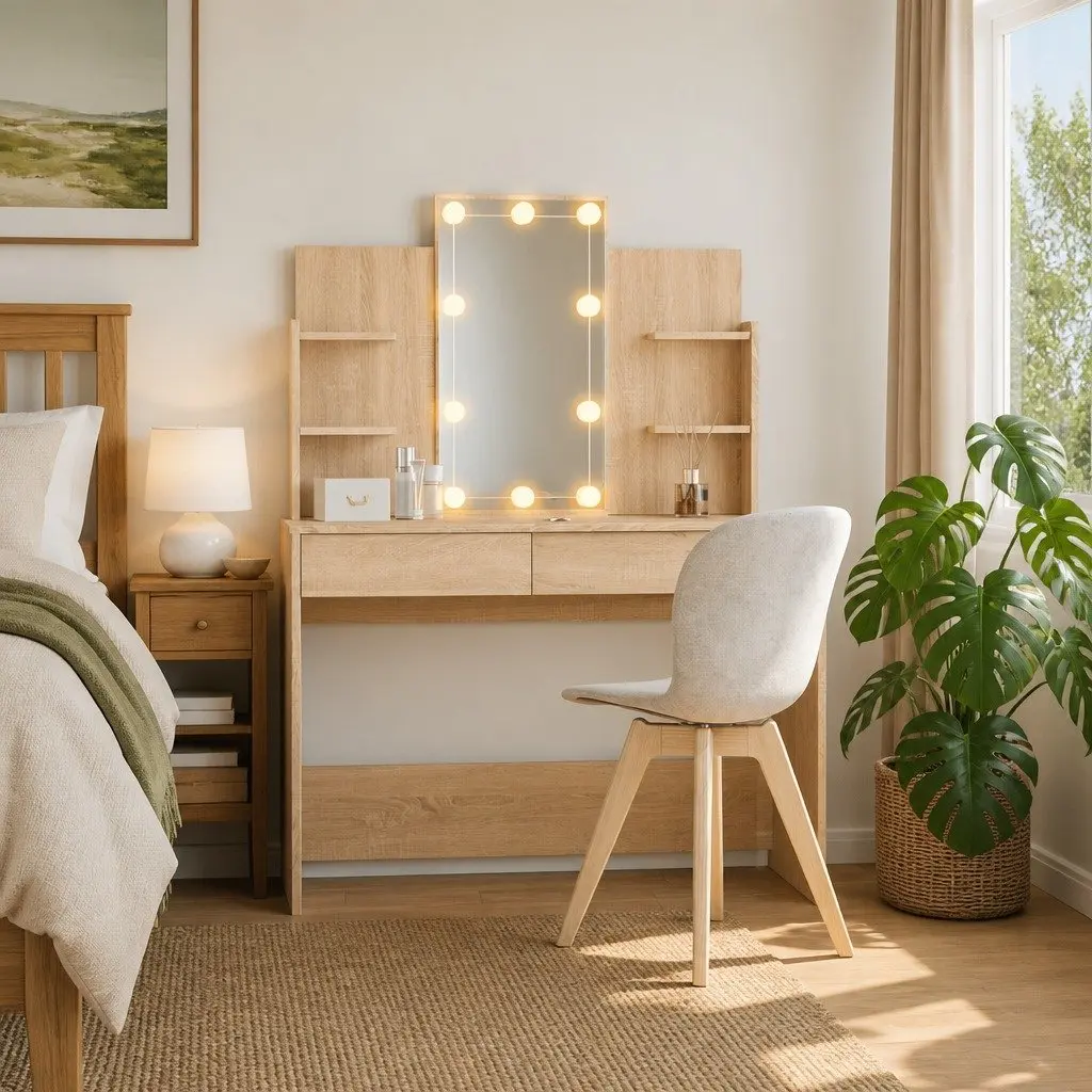 Bedroom Dressing Table with Mirror LED Lights Storage Drawers Shelves Brown