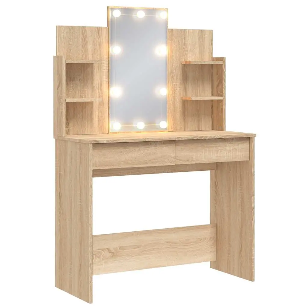 Bedroom Dressing Table with Mirror LED Lights Storage Drawers Shelves Brown