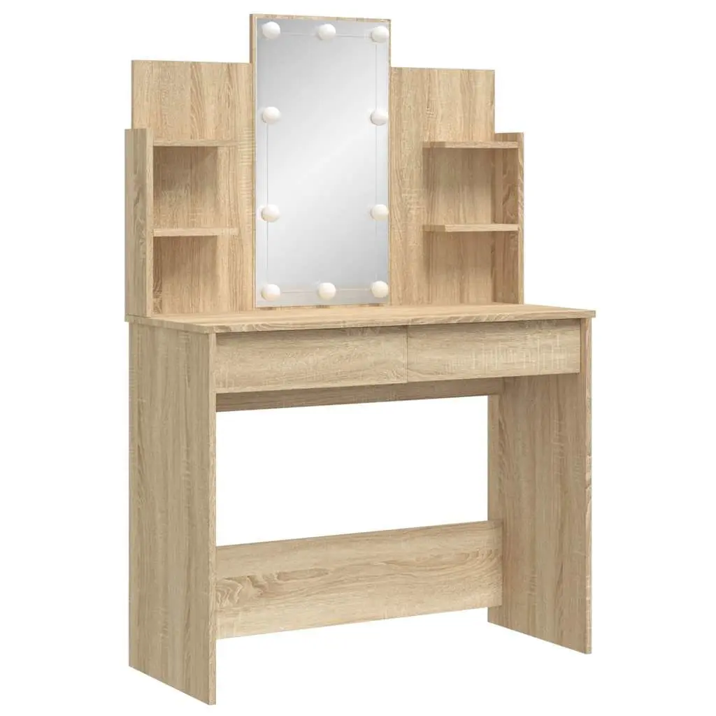 Bedroom Dressing Table with Mirror LED Lights Storage Drawers Shelves Brown