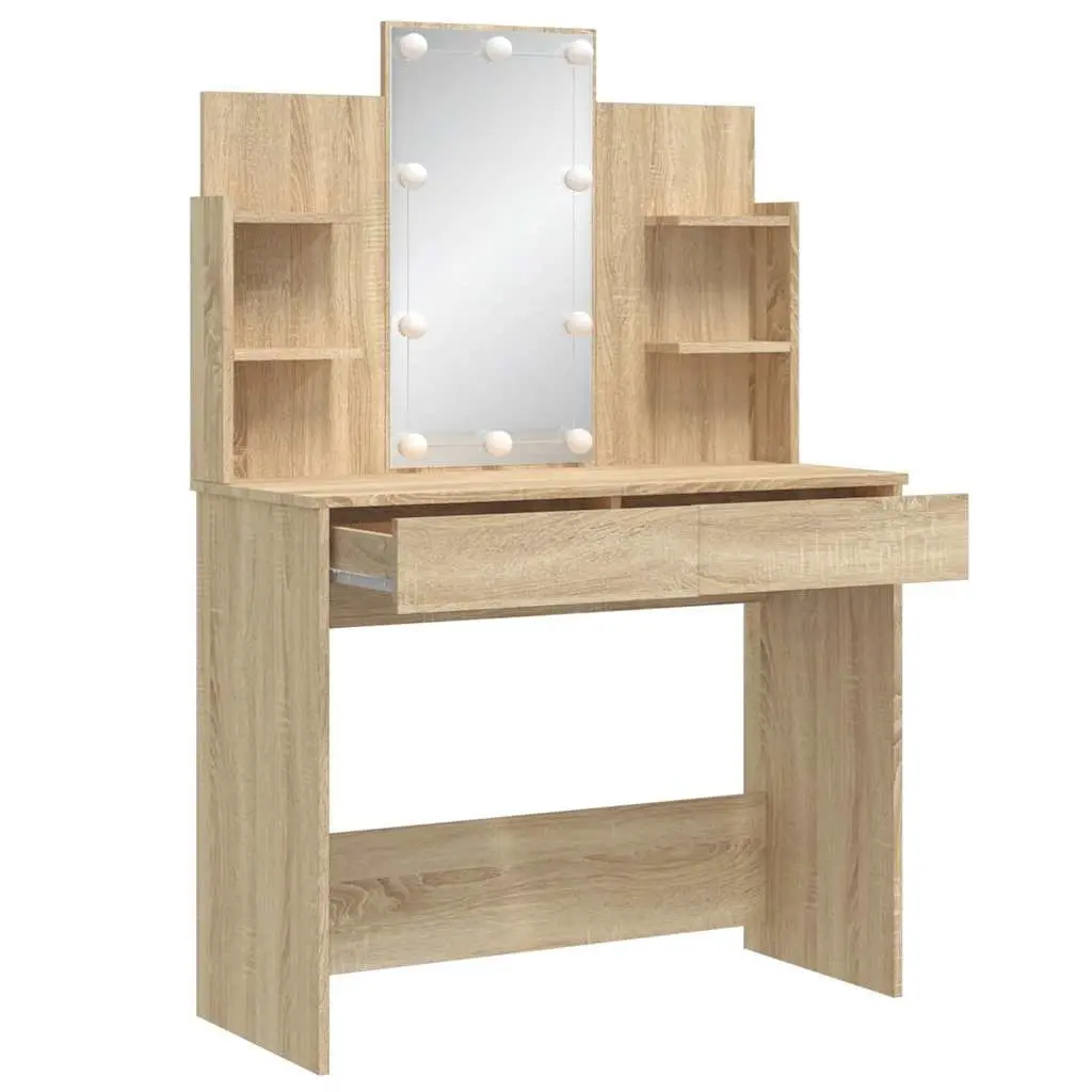 Bedroom Dressing Table with Mirror LED Lights Storage Drawers Shelves Brown