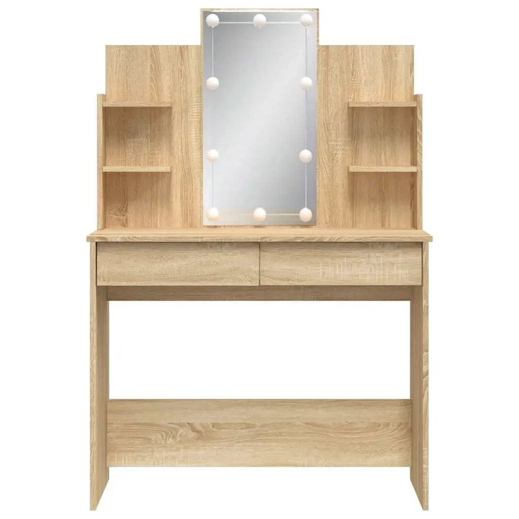 Bedroom Dressing Table with Mirror LED Lights Storage Drawers Shelves Brown