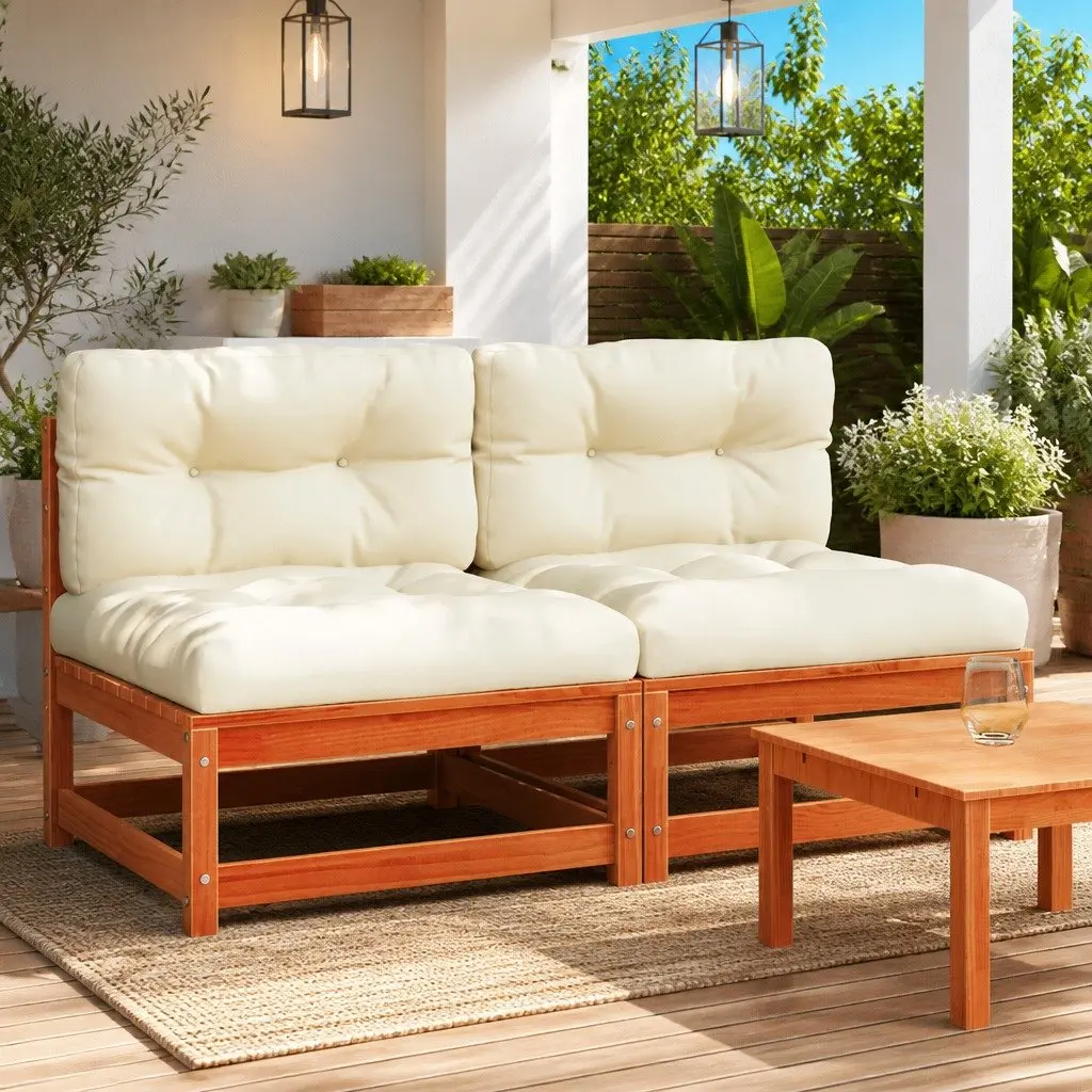 Armless Garden Sofa 2 pcs with Cushions Brown Solid Pine Wood Patio Seating