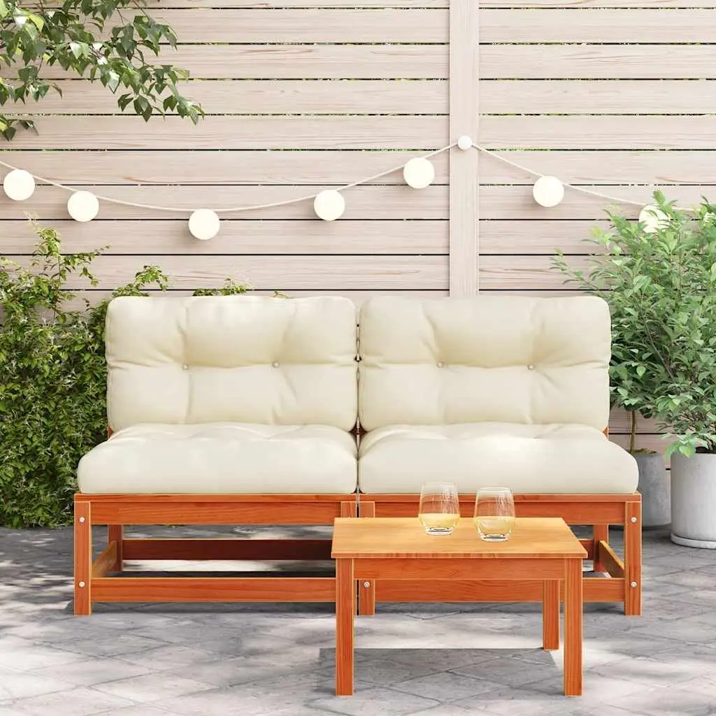 Armless Garden Sofa 2 pcs with Cushions Brown Solid Pine Wood Patio Seating