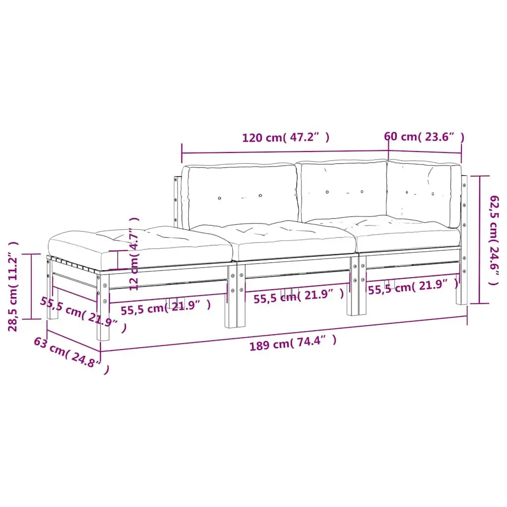 3-Seater Garden Sofa with Footstool and Cushions Solid Pine Wood Brown