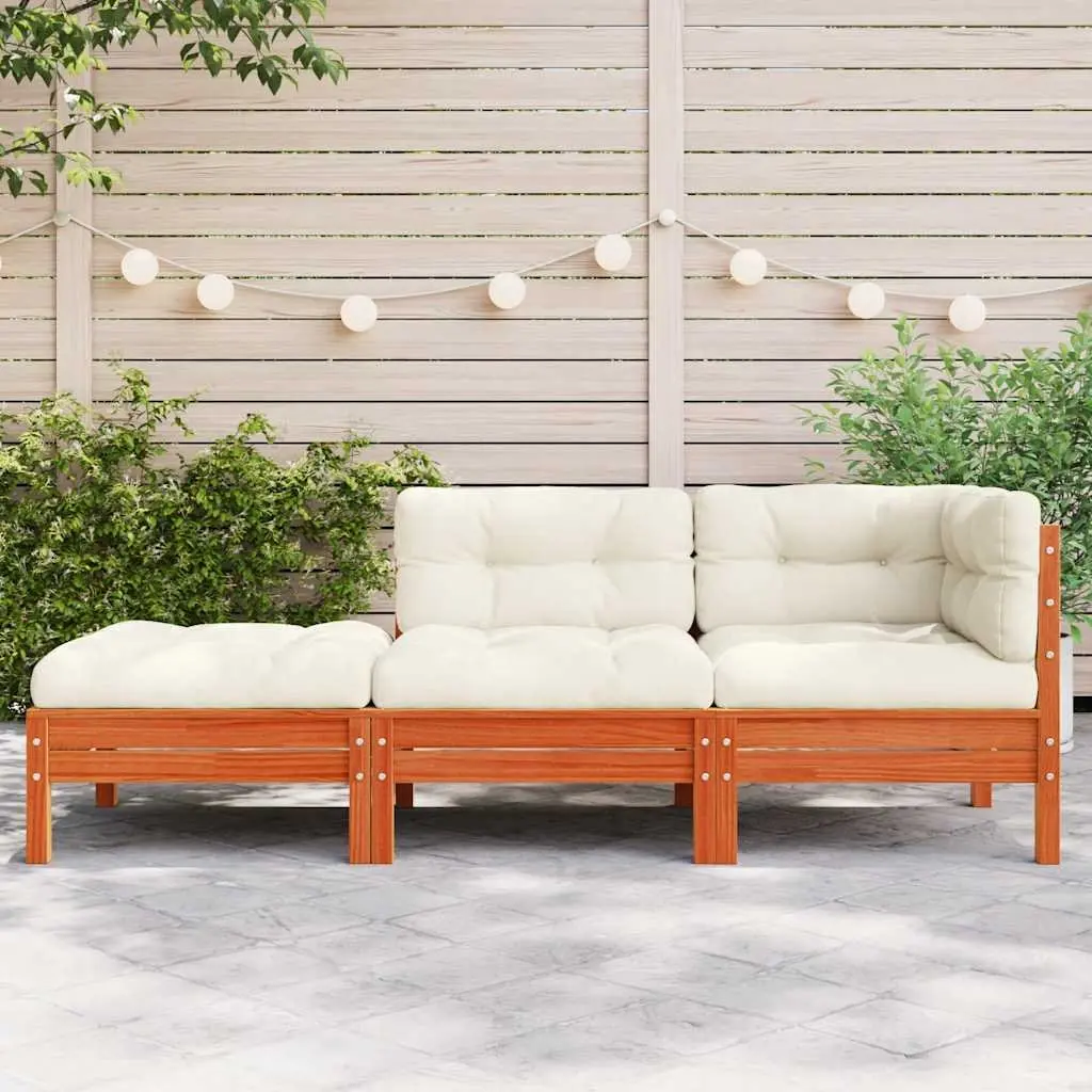 3-Seater Garden Sofa with Footstool and Cushions Solid Pine Wood Brown