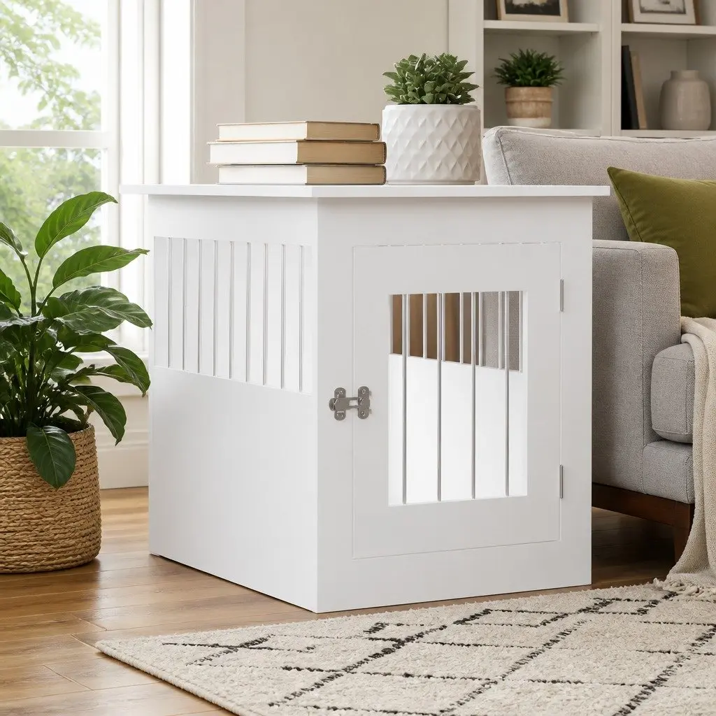 Dog Crate Furniture White End Table Kennel Cage Steel Wire Engineered Wood