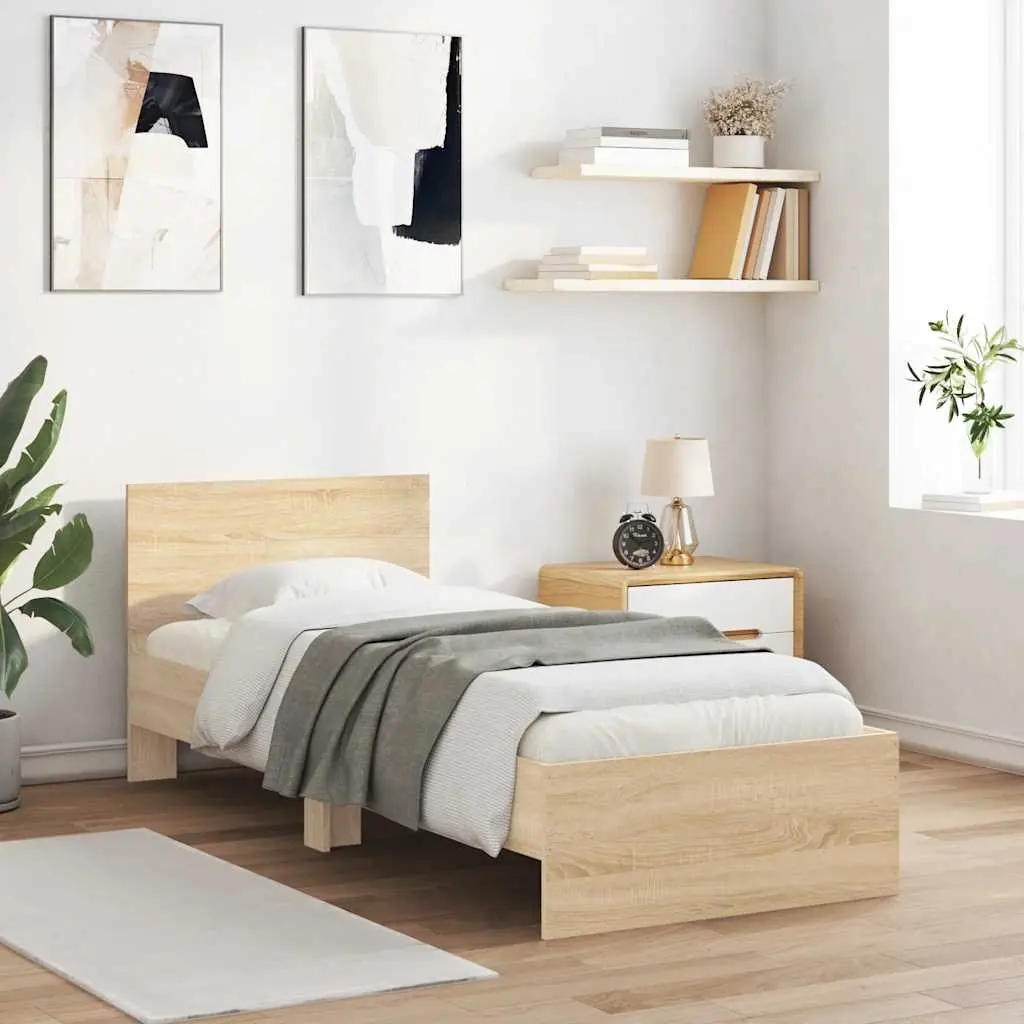 Bed Frame with Headboard Slatted Base Sonoma Oak Brown Single 90x190 cm