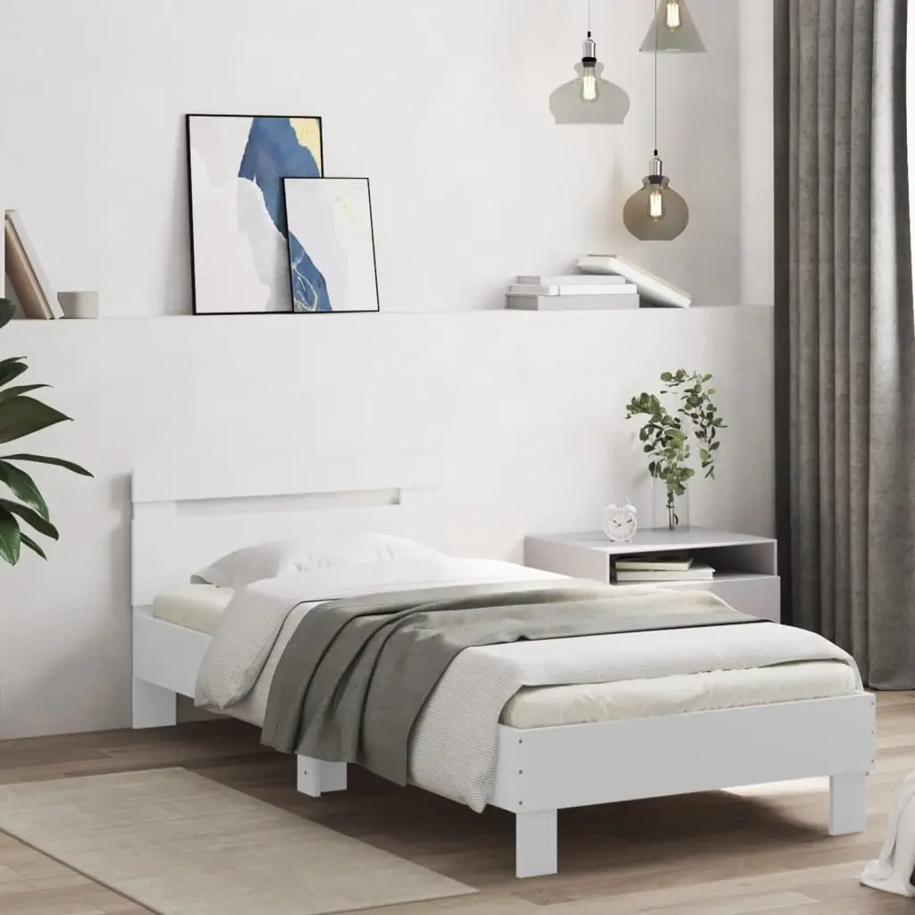 White Bed Frame with Headboard RGB LED Lights Slatted Base 90x190 cm