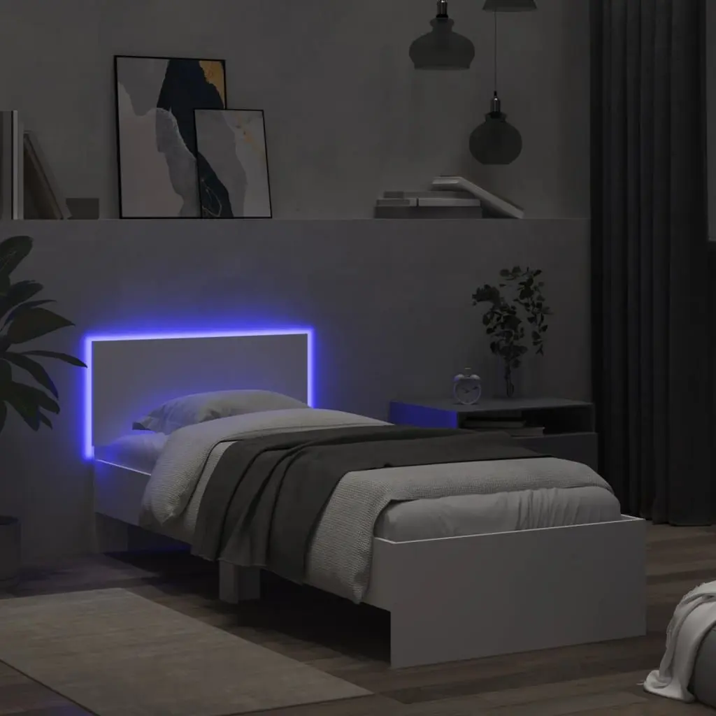 White Bed Frame with RGB LED Lights Headboard Engineered Wood 90x190 cm