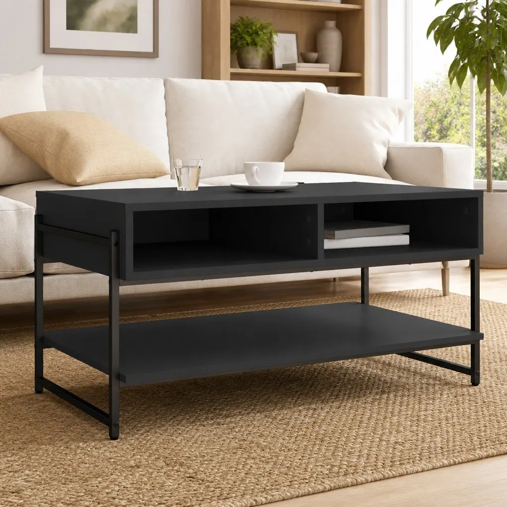 Coffee Table Black Engineered Wood Metal Frame 90x50x45cm