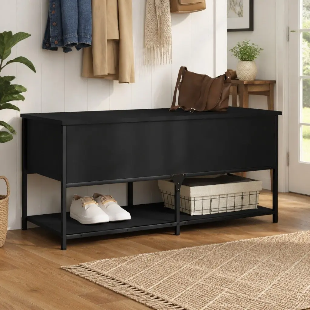 Black Storage Bench Engineered Wood Metal Frame 100x42.5x47cm Hallway Entryway Shoe Organiser Seating