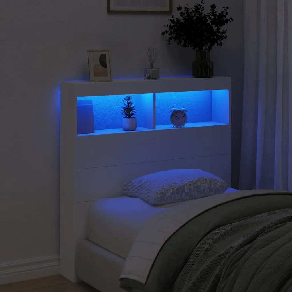 Headboard Cabinet with RGB LED Lights White 100cm Modern Storage