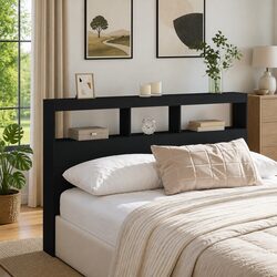 LED Headboard Cabinet Storage Black Modern Bedroom Bedside Headrest Design