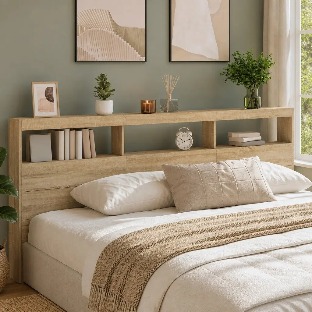 Brown Headboard Cabinet with LED Lights