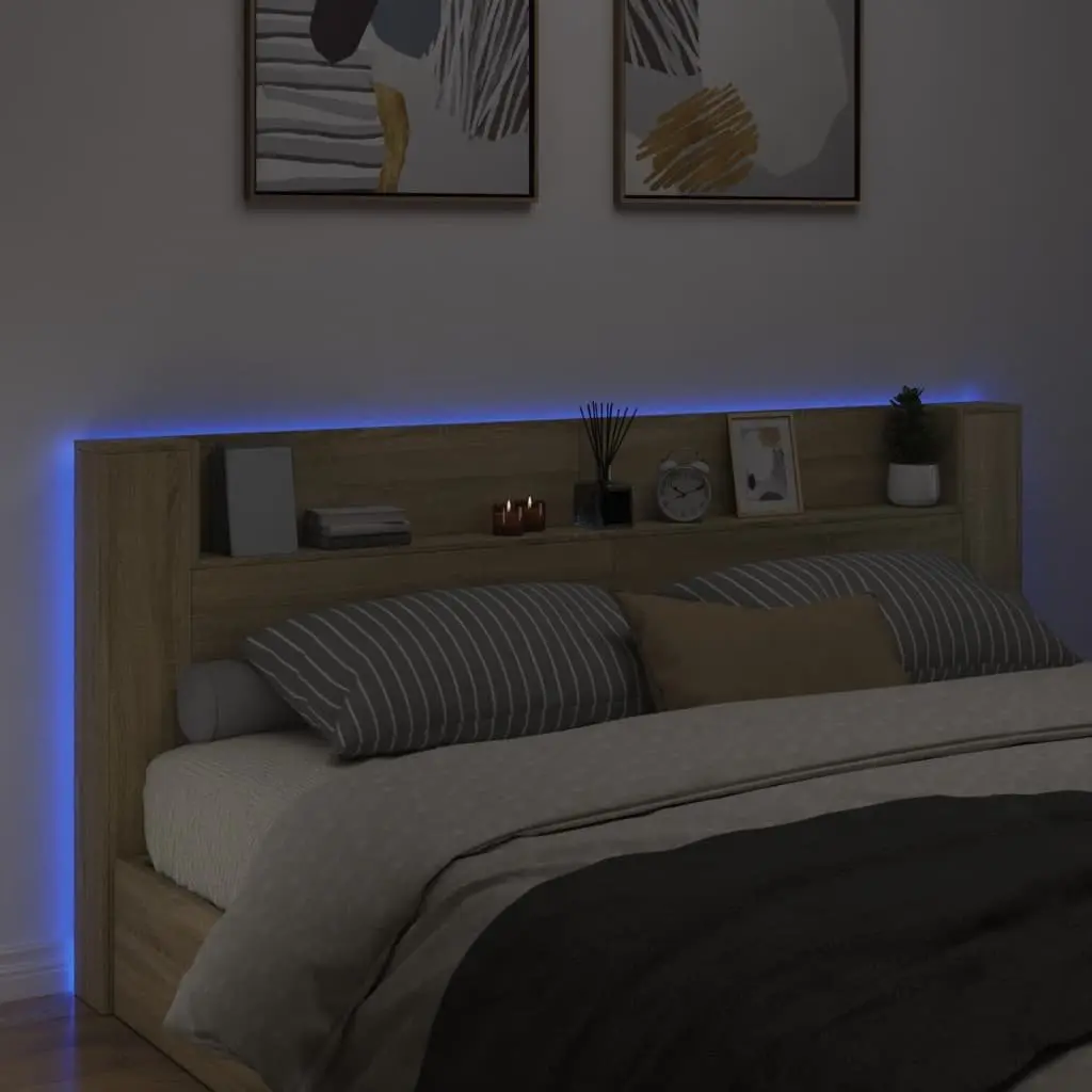 Headboard Cabinet with RGB LED Lights Open Shelf Storage Brown Engineered Wood