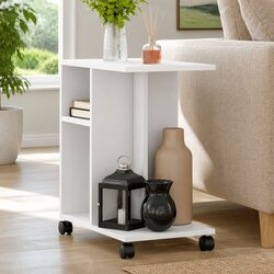 End Table with Storage and Wheels White Engineered Wood Accent Side Table