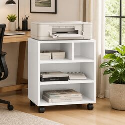 Printer Stand with Wheels White Engineered Wood Mobile Organiser Storage Shelf